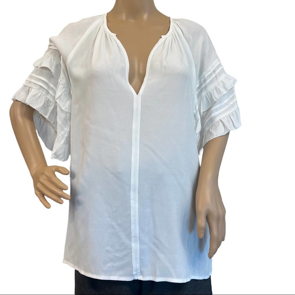 See U Soon White Pull Over Blouse w/ Flowy Ruffle Sleeves V-Neck Feminine Cute